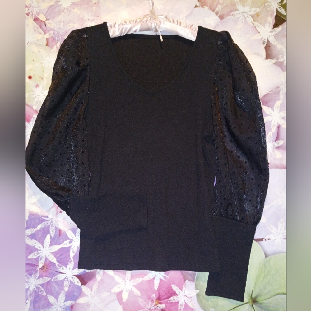 Black Polka Dot Sweater Top with Sheer Sleeves